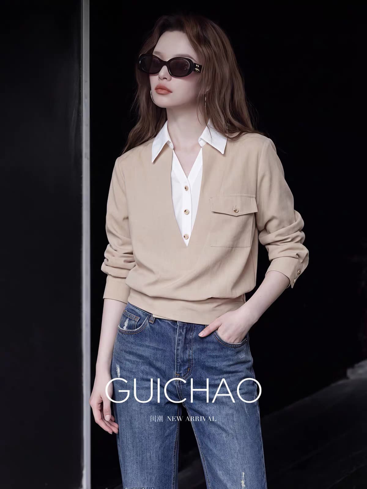 2026 가을 프랑스식 사소한 Chic 맨위 고유 한 아름다운 연령 감소 디자인 센스 작은 대중 살구 색상 페이크 레이어드 여성 셔츠 상세 이미지 2
