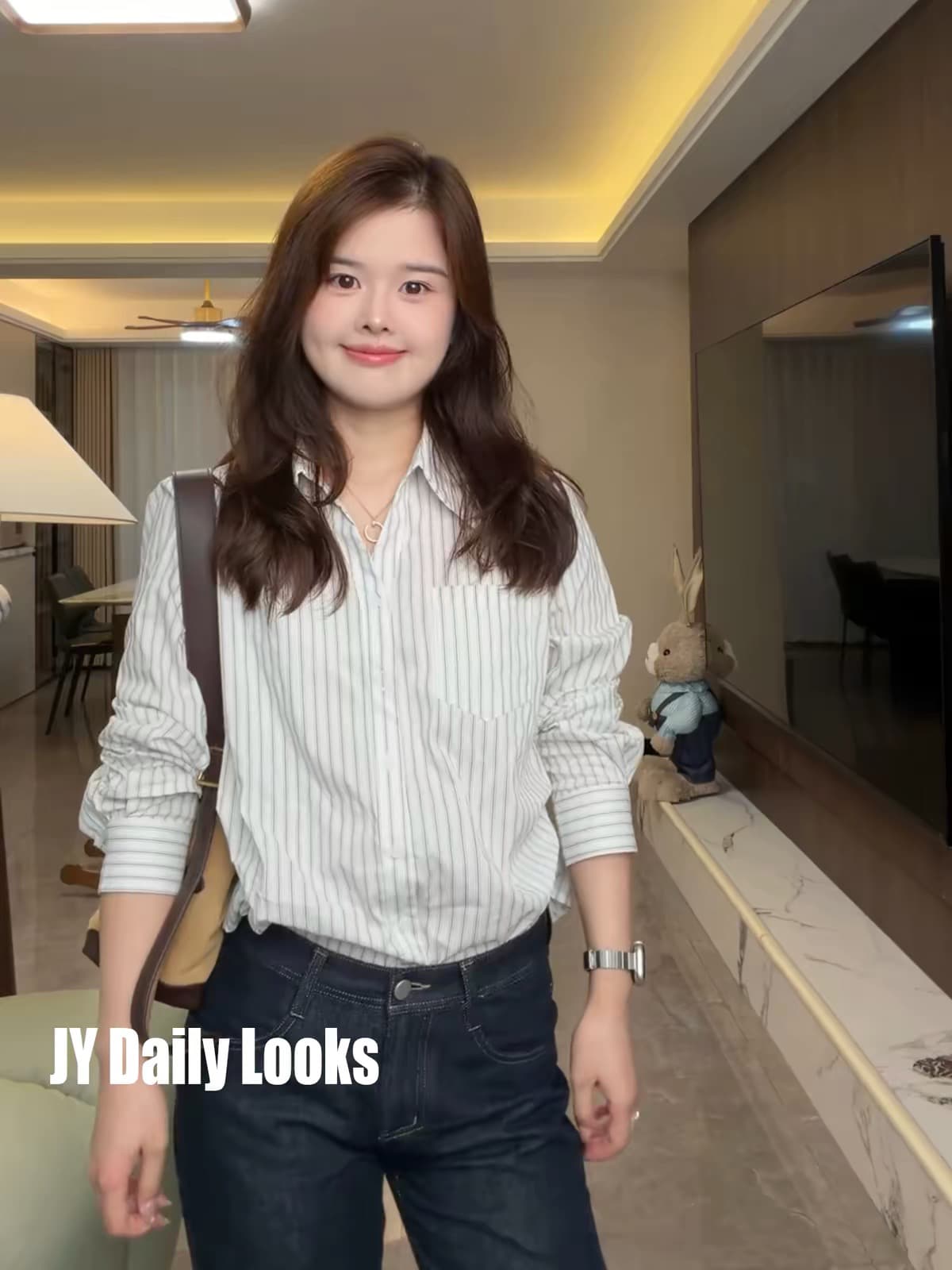 한 부서 스트라이프 긴팔 폴로 칼라 여성 셔츠 2026 새로운 이른 가을 다용도 섹션 루즈핏 다용도 캐주얼 패션 맨위 이미지 2