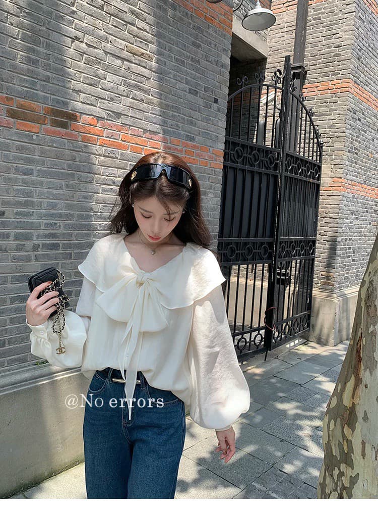 아니요 오류 no errors 주간 실크 아세트산 둘 착용 폴로 칼라 나비 매듭 셔츠 프랑스식 프릴 레이스업 맨위 이미지 4