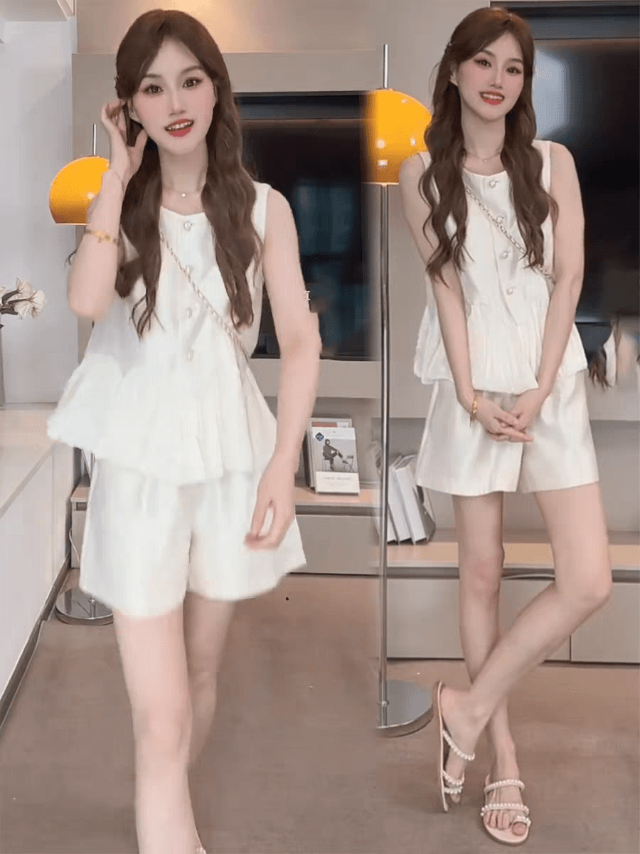 패션 작은 샤넬 스타일 세트 여성 여름 새로운 외국 가스 슬림해 보이는 민소매 베스트 조끼 맨위 반바지 투피스 세트 트렌디 이미지 2