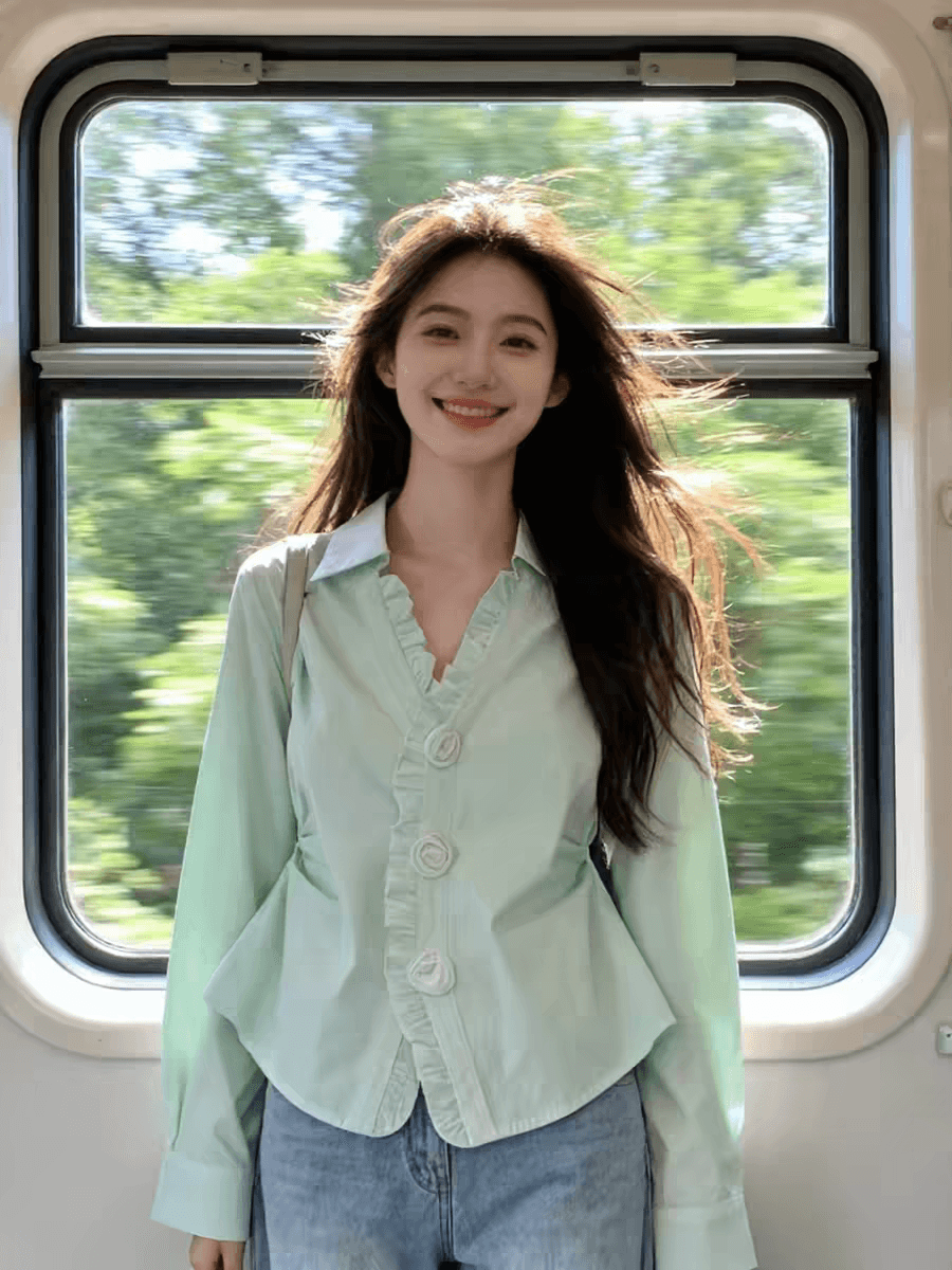 박하 녹색 POLO 칼라 패치워크 프릴 셔츠 셔츠 여성 2026 봄 도파민 프랑스식