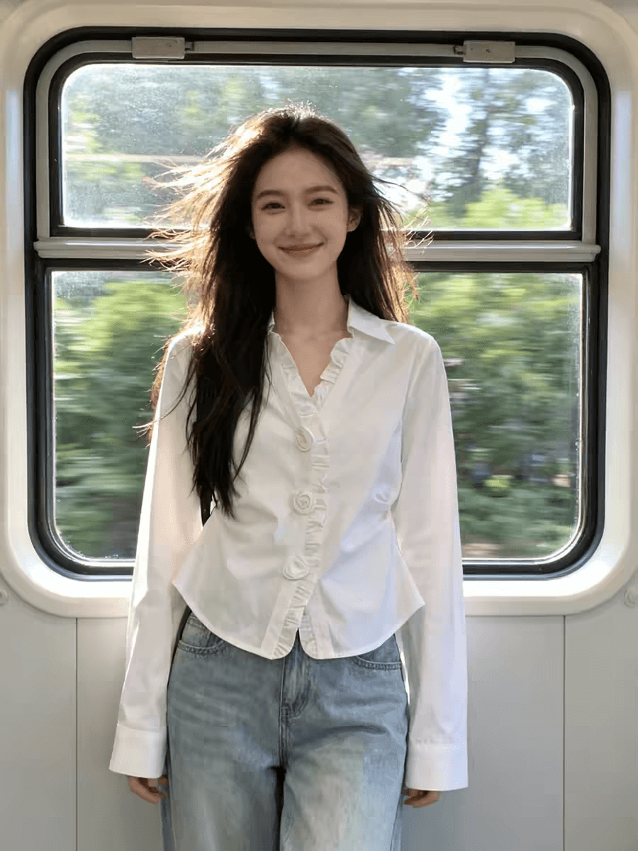 박하 녹색 POLO 칼라 패치워크 프릴 셔츠 셔츠 여성 2026 봄 도파민 프랑스식 이미지 2
