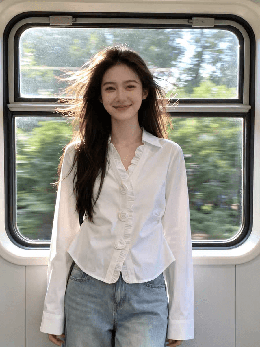 박하 녹색 POLO 칼라 패치워크 프릴 셔츠 셔츠 여성 2026 봄 도파민 프랑스식 이미지 3