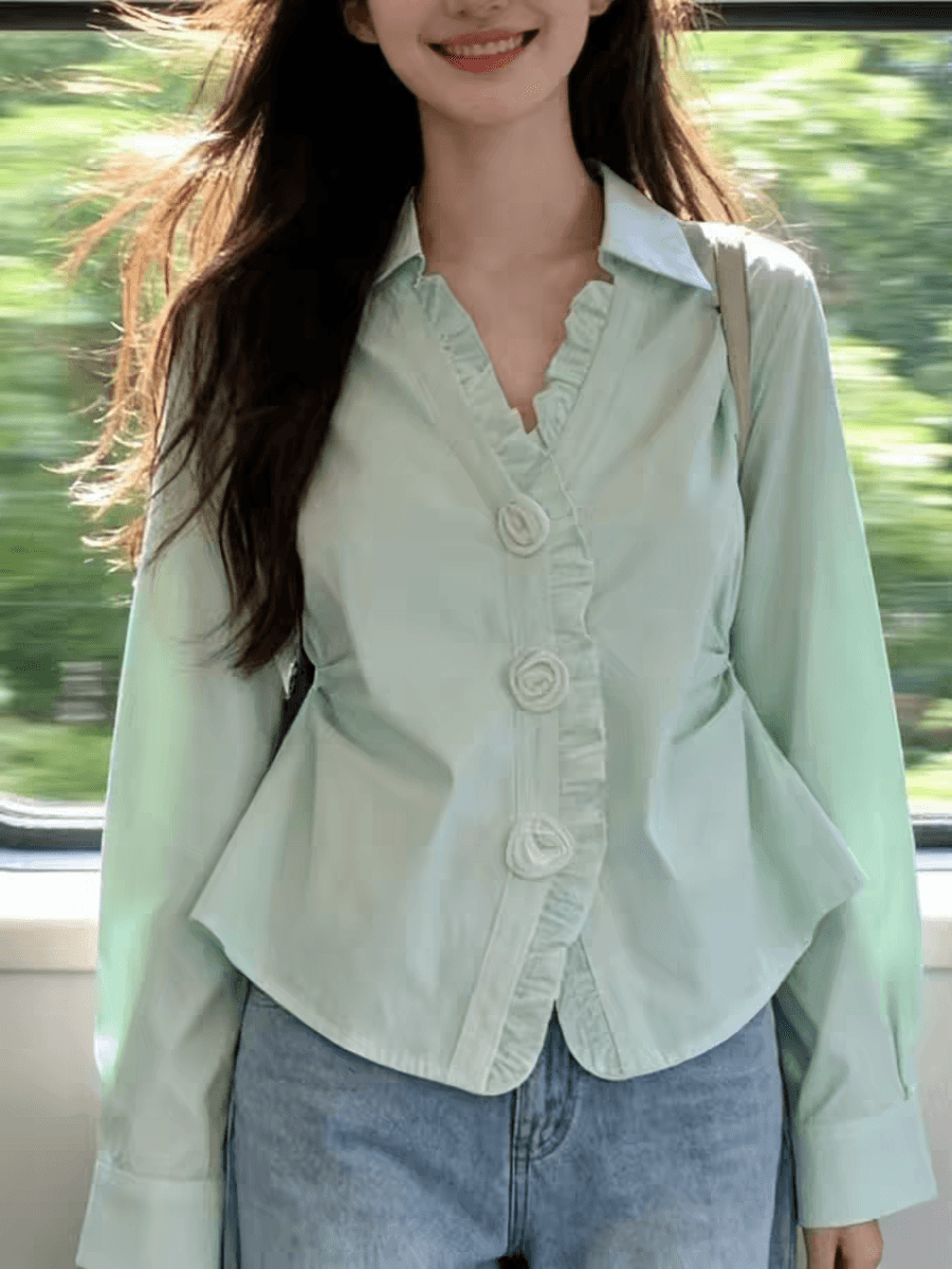 박하 녹색 POLO 칼라 패치워크 프릴 셔츠 셔츠 여성 2026 봄 도파민 프랑스식 이미지 4
