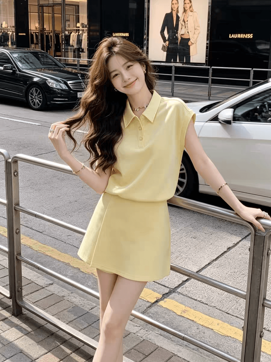 패션 캐주얼 세트 여성 여름 새로운 슬림해 보이는 POLO 칼라 반팔 티셔츠 작은 키 반신 스커트 투피스 세트