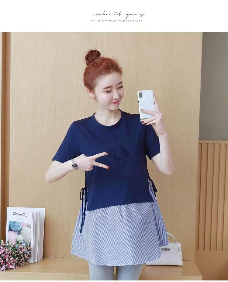 지금 출산 착용 여름 드레스 티셔츠 반팔 세트 새로운 패션 한국 스타일 출산 스커트 여름 루즈핏 중간 길이 맨위 이미지 3