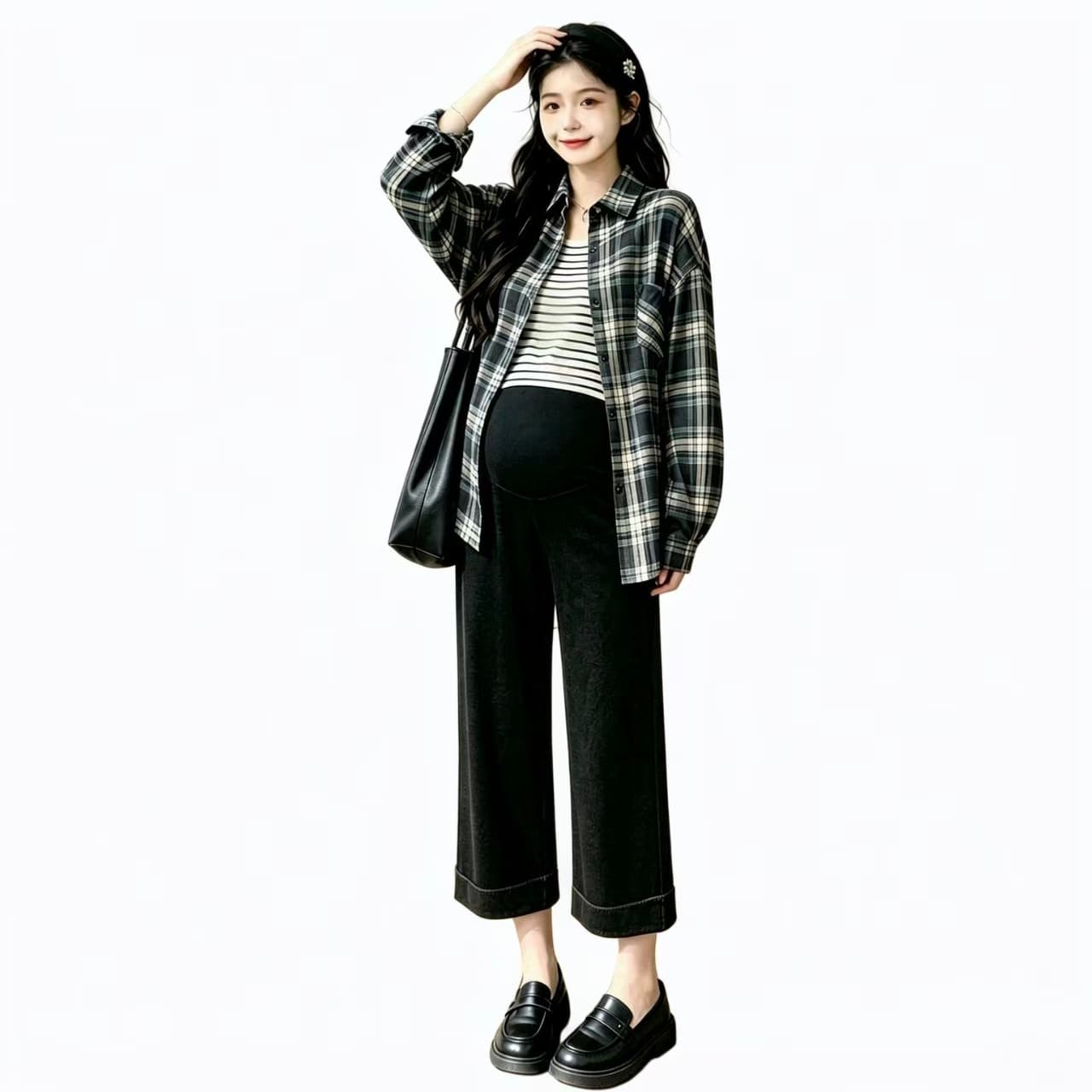 실사 지금 출산 착용 이른 가을 새로운 체크무늬 셔츠 스트라이프 조끼 복부 지지 청바지 세트 이미지 6