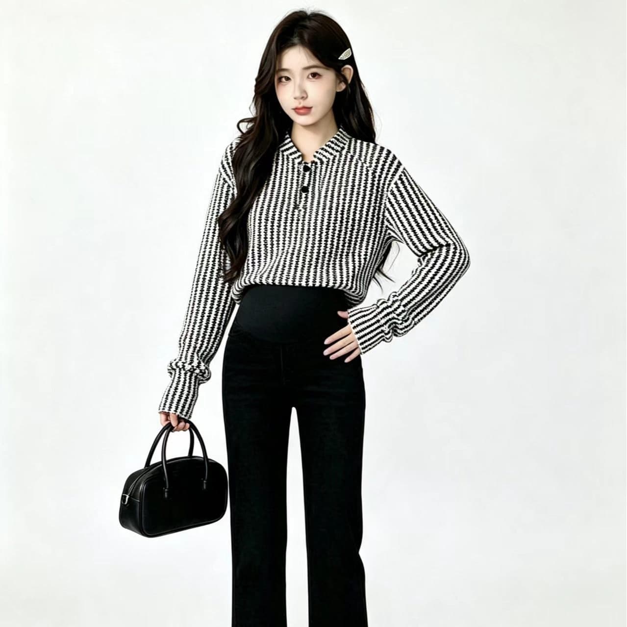 실사 지금 출산 착용 얇은 스타일 트렌드 가을 새로운 생선뼈 곡물 루즈핏 스탠드 칼라 만나는 맨위 데님 복부 지지 바지 이미지 6