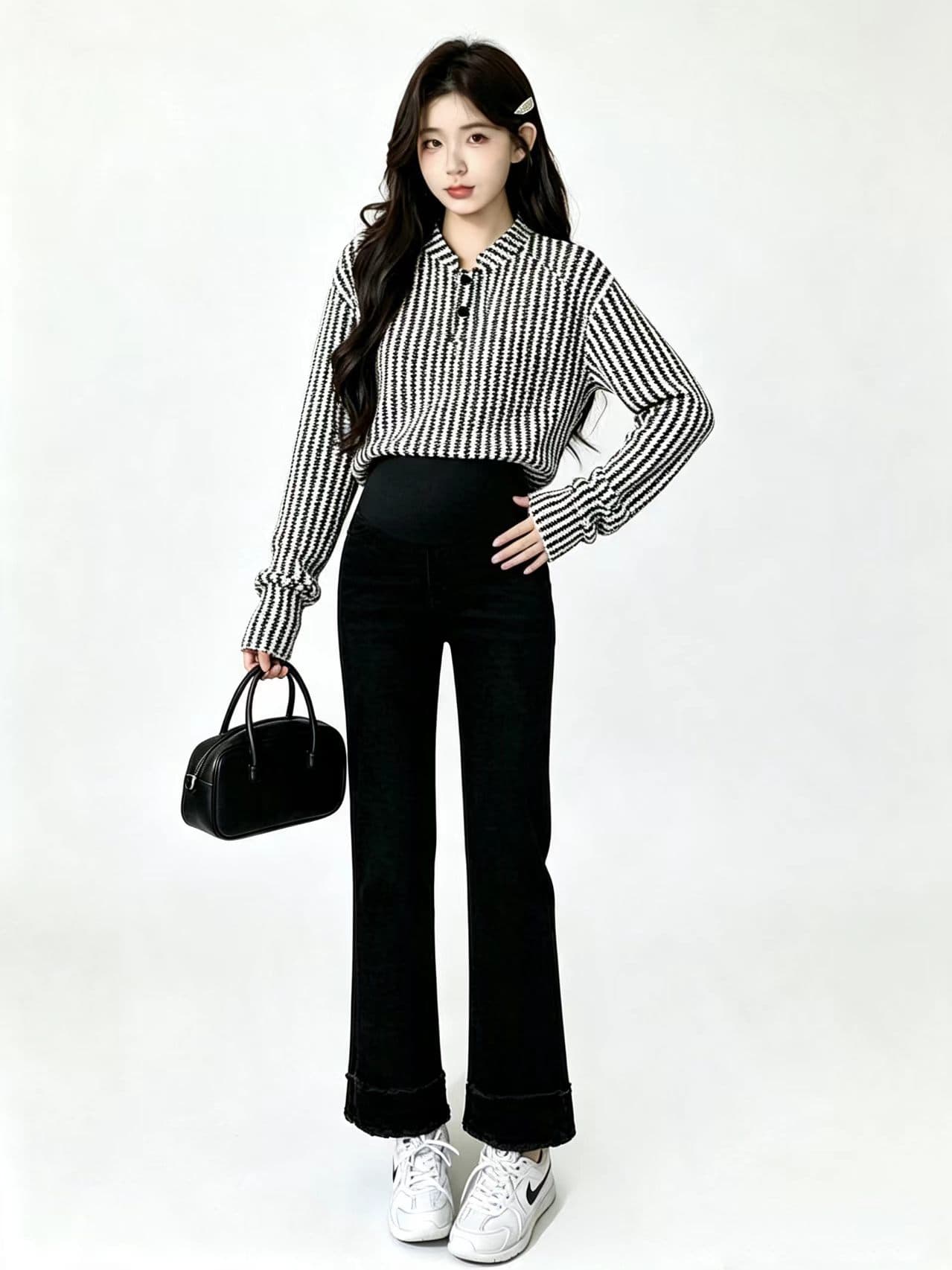 실사 지금 출산 착용 얇은 스타일 트렌드 가을 새로운 생선뼈 곡물 루즈핏 스탠드 칼라 만나는 맨위 데님 복부 지지 바지 상세 이미지 11