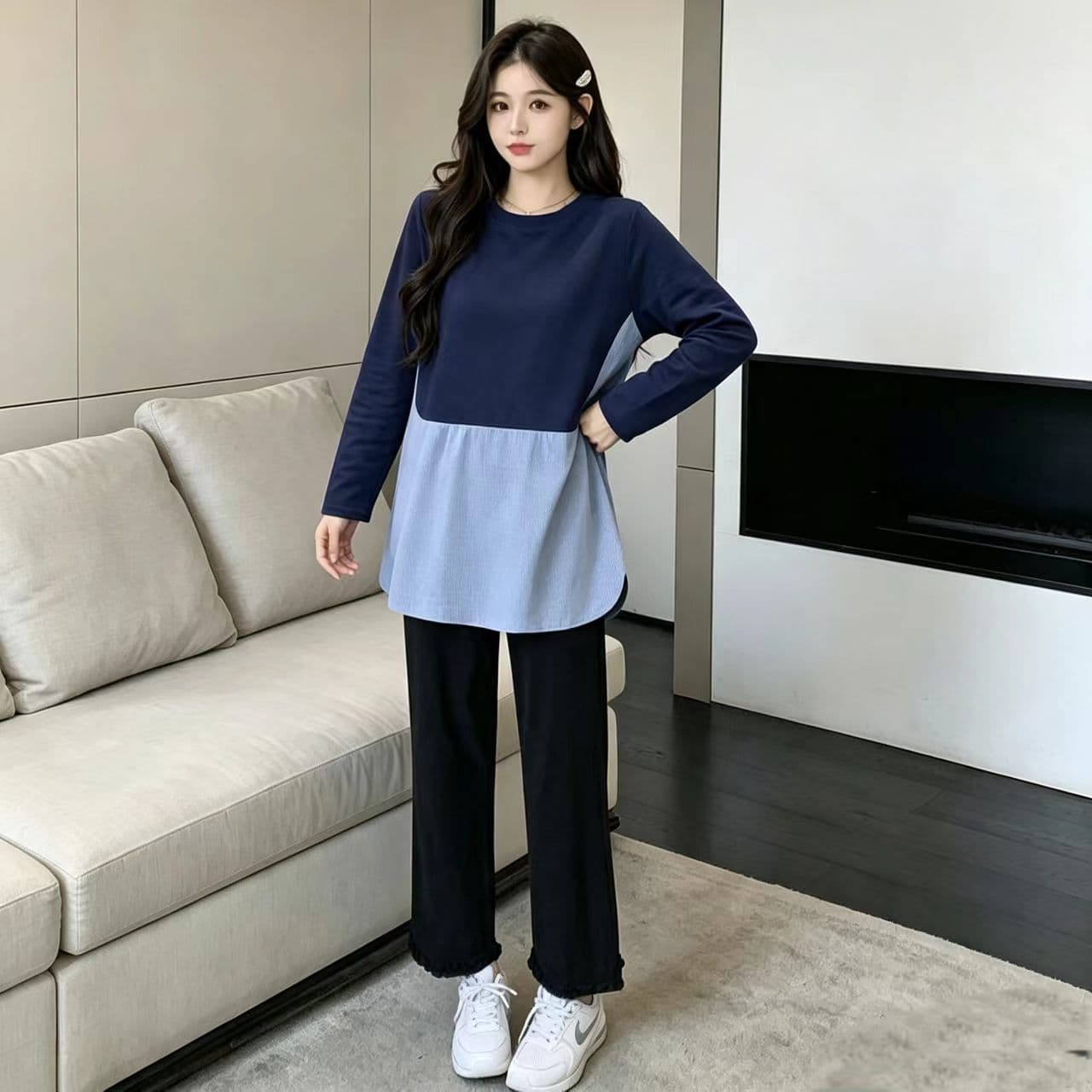 실사 지금 임산부 가을 의상 패션 섹션 2026 새로운 가을 겨울 임산부 맨위 긴팔 루즈핏 임산부 중간 길이 이미지 2