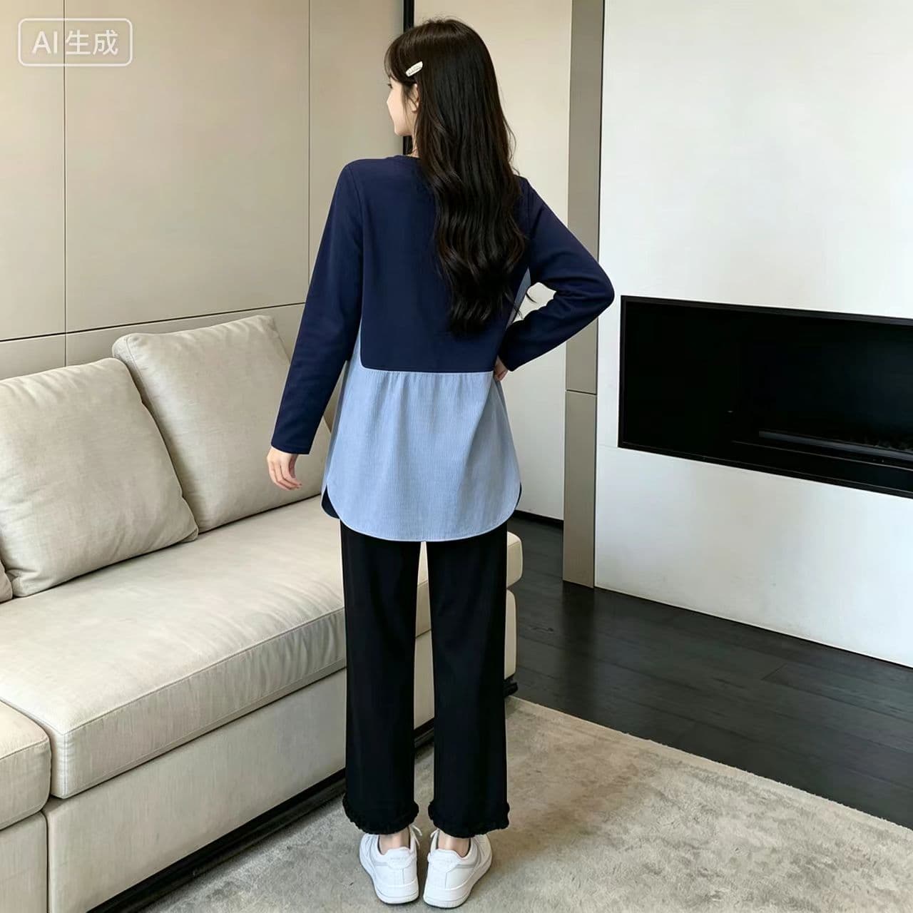 실사 지금 임산부 가을 의상 패션 섹션 2026 새로운 가을 겨울 임산부 맨위 긴팔 루즈핏 임산부 중간 길이 상세 이미지 6