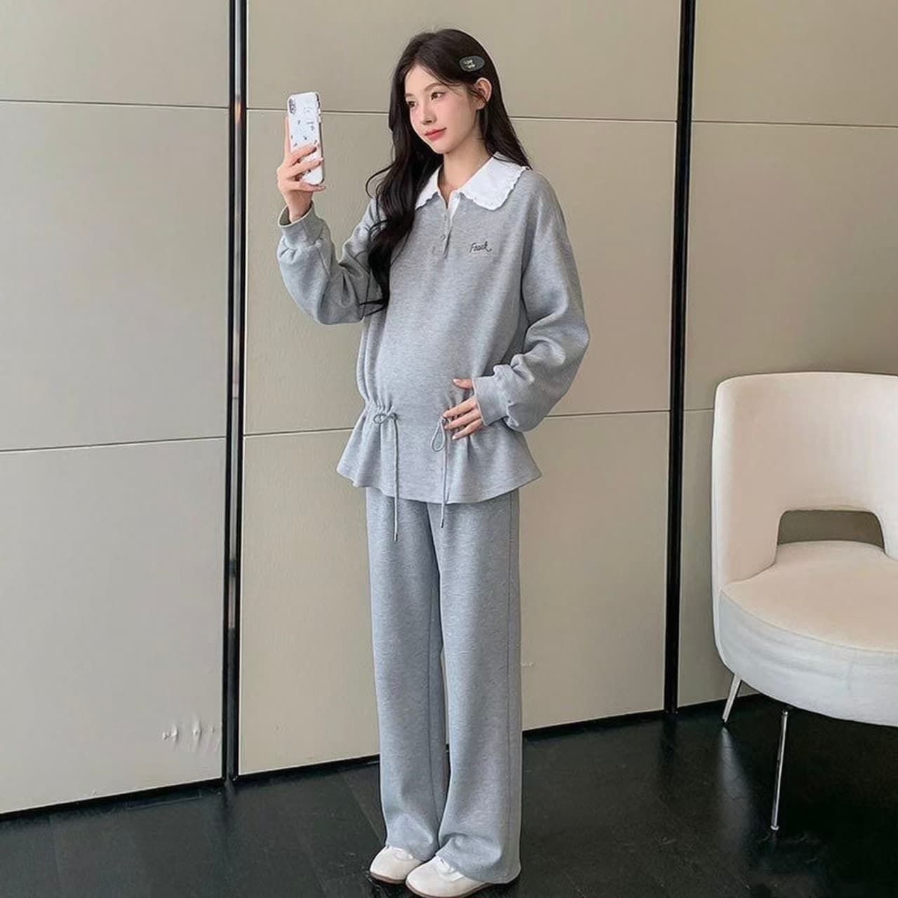 프리 세일 실사 새로운 출산 착용 루즈핏 섹션 펌프 로프 자수 베이비 칼라 가을 겨울 한 부서 패션 임신 엄마 세트 상세 이미지 5