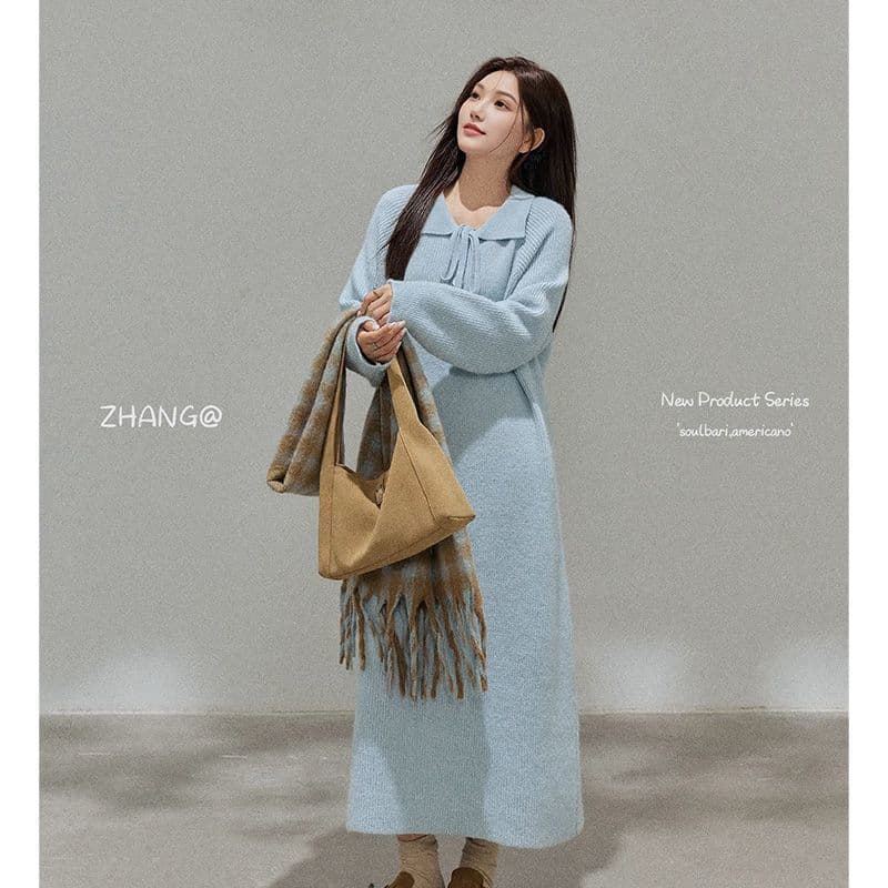 출산 착용 봄 가을 캐주얼 한 부서 부드러운 바람 후드 니트 롱 스커트 품격 미니멀리즘 슬림해 보이는 드레스 봄 이미지 2