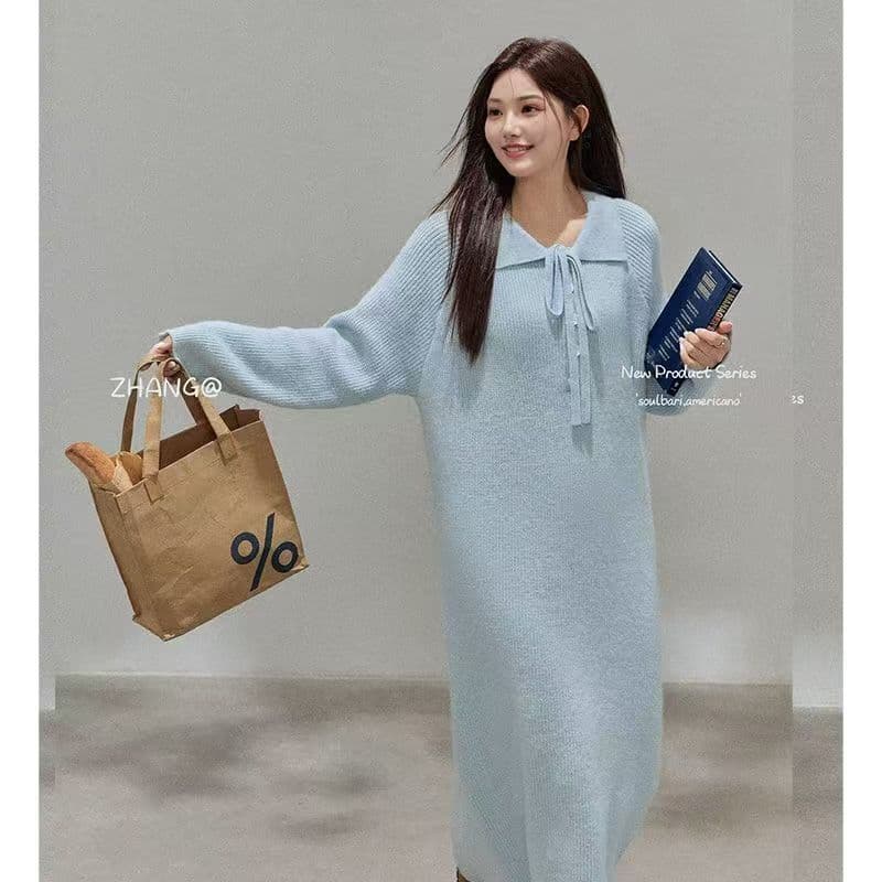 출산 착용 봄 가을 캐주얼 한 부서 부드러운 바람 후드 니트 롱 스커트 품격 미니멀리즘 슬림해 보이는 드레스 봄 상세 이미지 1