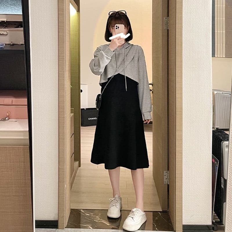 출산 착용 가을 겨울 새로운 임산부 세트 패션 매운맛 엄마 인터넷 유명인 가짜 2 피스 슈트 후드 조끼 원피스 상세 이미지 6