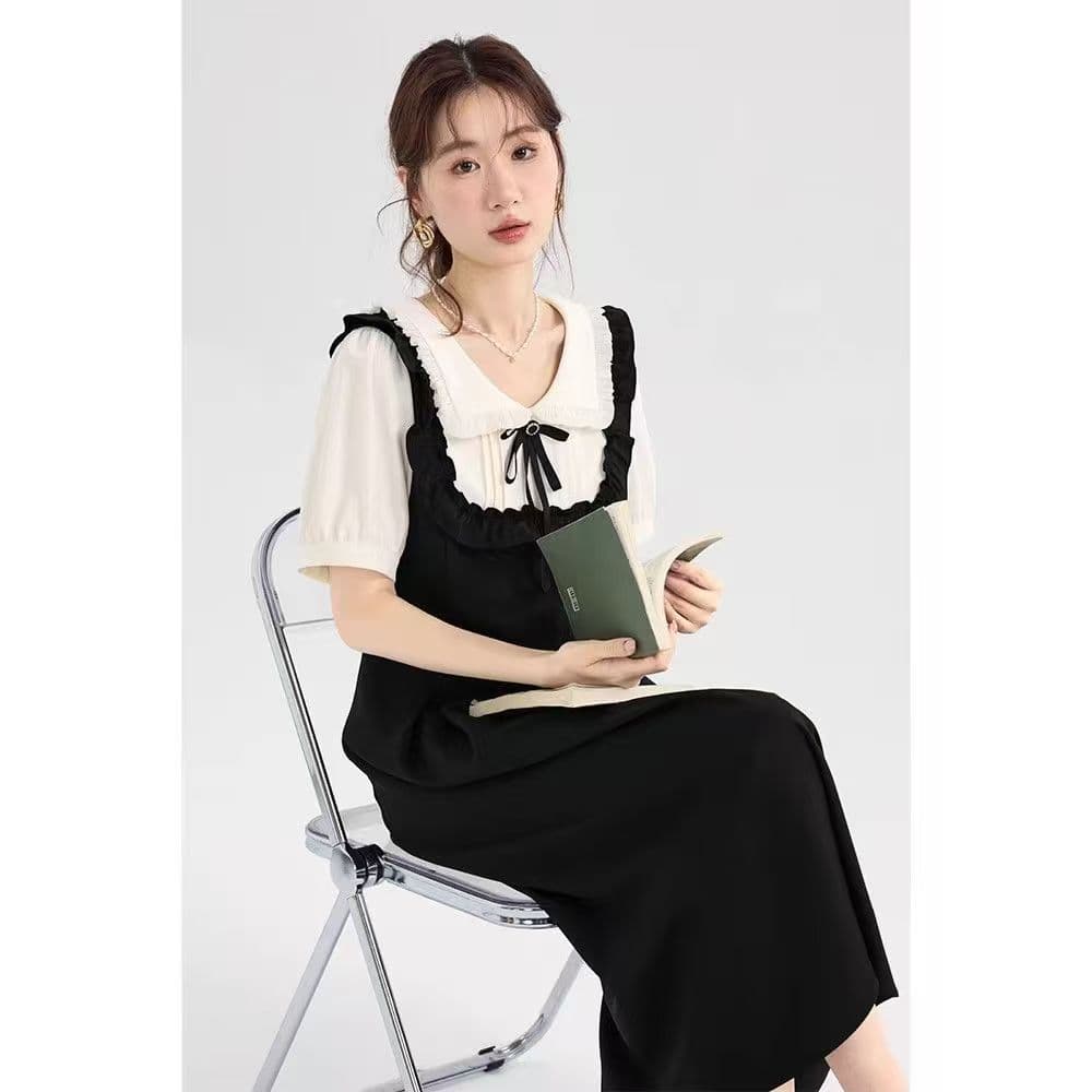 빅 사이즈 지방 mm 검정색 페이크 레이어드 슬림해 보이는 드레스 여름 여성 의류 한 마디 롱 스커트 베이비 칼라 치마 이미지 5