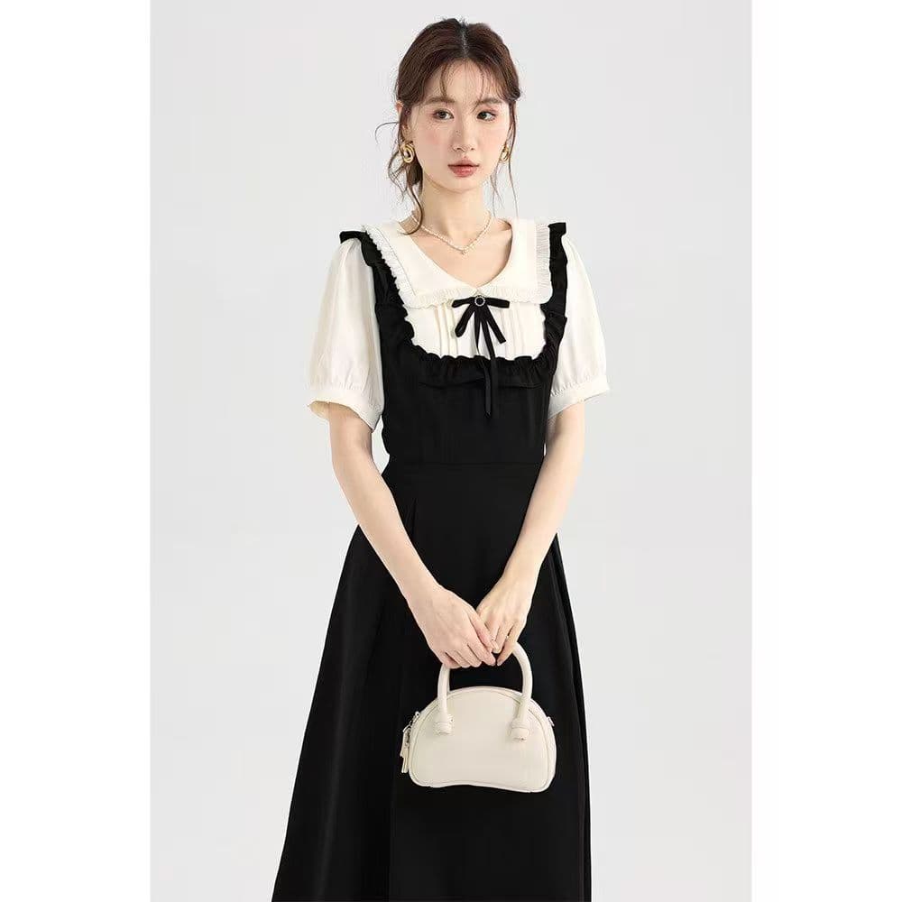 빅 사이즈 지방 mm 검정색 페이크 레이어드 슬림해 보이는 드레스 여름 여성 의류 한 마디 롱 스커트 베이비 칼라 치마 상세 이미지 5