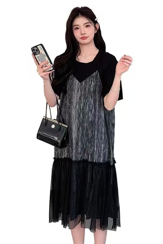 라운드 넥 드레스 2026 봄 여름 드레스 새로운 여성 의류 반팔 중간 길이 망사 패치워크 루즈핏 티셔츠 치마 이미지 6
