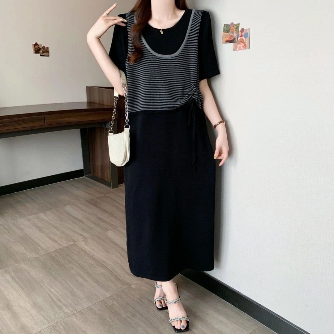 페이크 레이어드 스트라이프 반팔 티셔츠 치마 여성 여름 빅 사이즈 지방 mm 슬림해 보이는 표지 배 디자인 센스 스트레이트 점프 슈트 롱 스커트 이미지 3