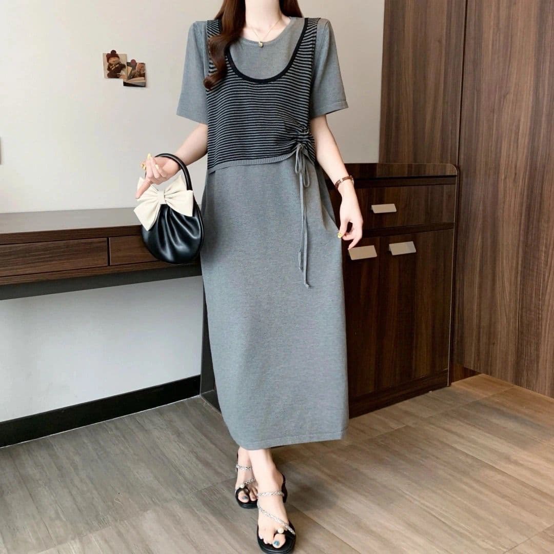 페이크 레이어드 스트라이프 반팔 티셔츠 치마 여성 여름 빅 사이즈 지방 mm 슬림해 보이는 표지 배 디자인 센스 스트레이트 점프 슈트 롱 스커트 상세 이미지 3