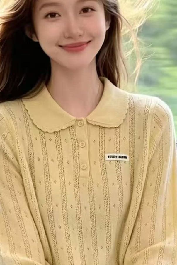 패치 알파벳 폴로 칼라 디자인 센스 작은 대중 긴팔 오픈 가디건 새로운 홀로우 아웃 외부 가져 가라. 털 빛 럭셔리 털 니트 스웨터 이미지 6