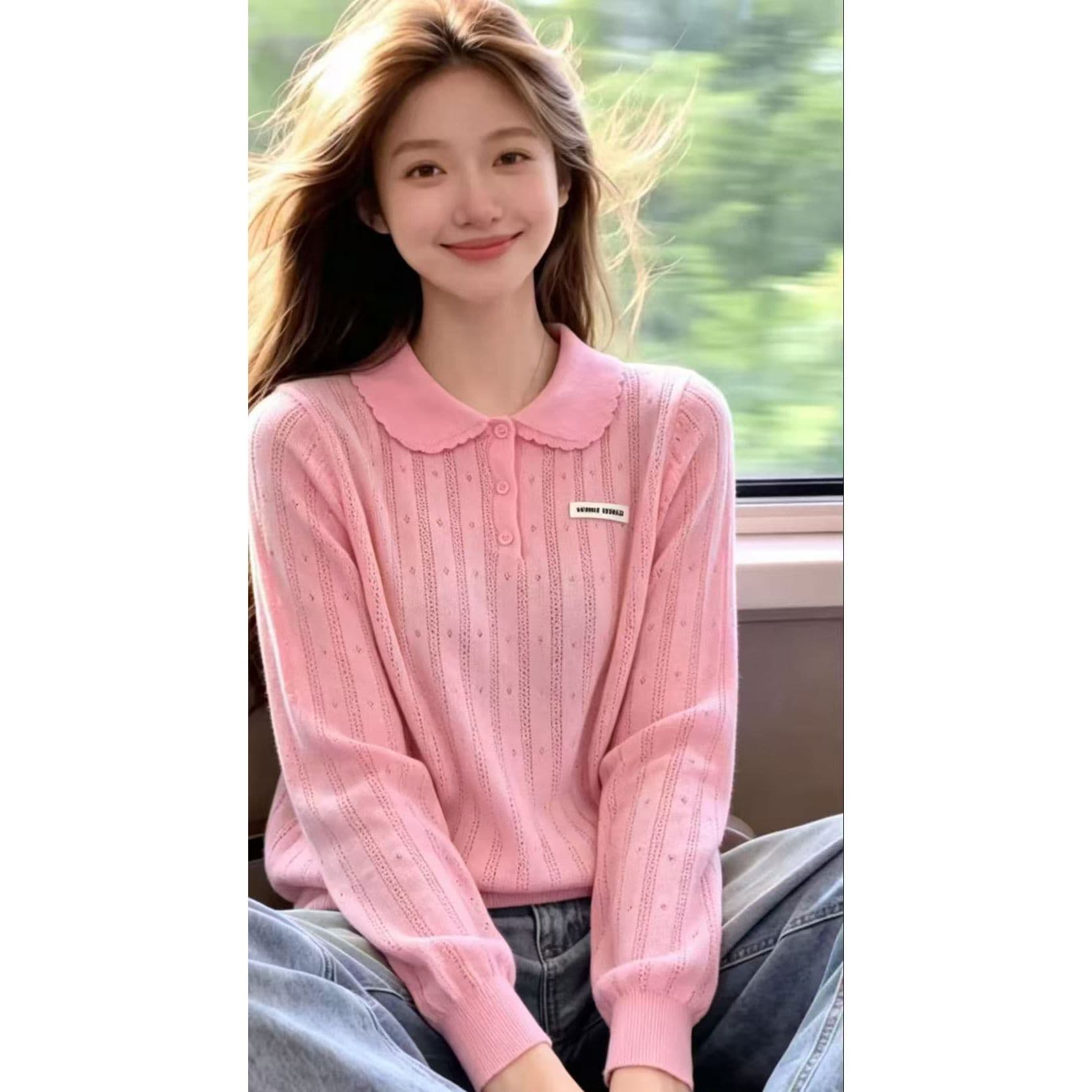 패치 알파벳 폴로 칼라 디자인 센스 작은 대중 긴팔 오픈 가디건 새로운 홀로우 아웃 외부 가져 가라. 털 빛 럭셔리 털 니트 스웨터 상세 이미지 3