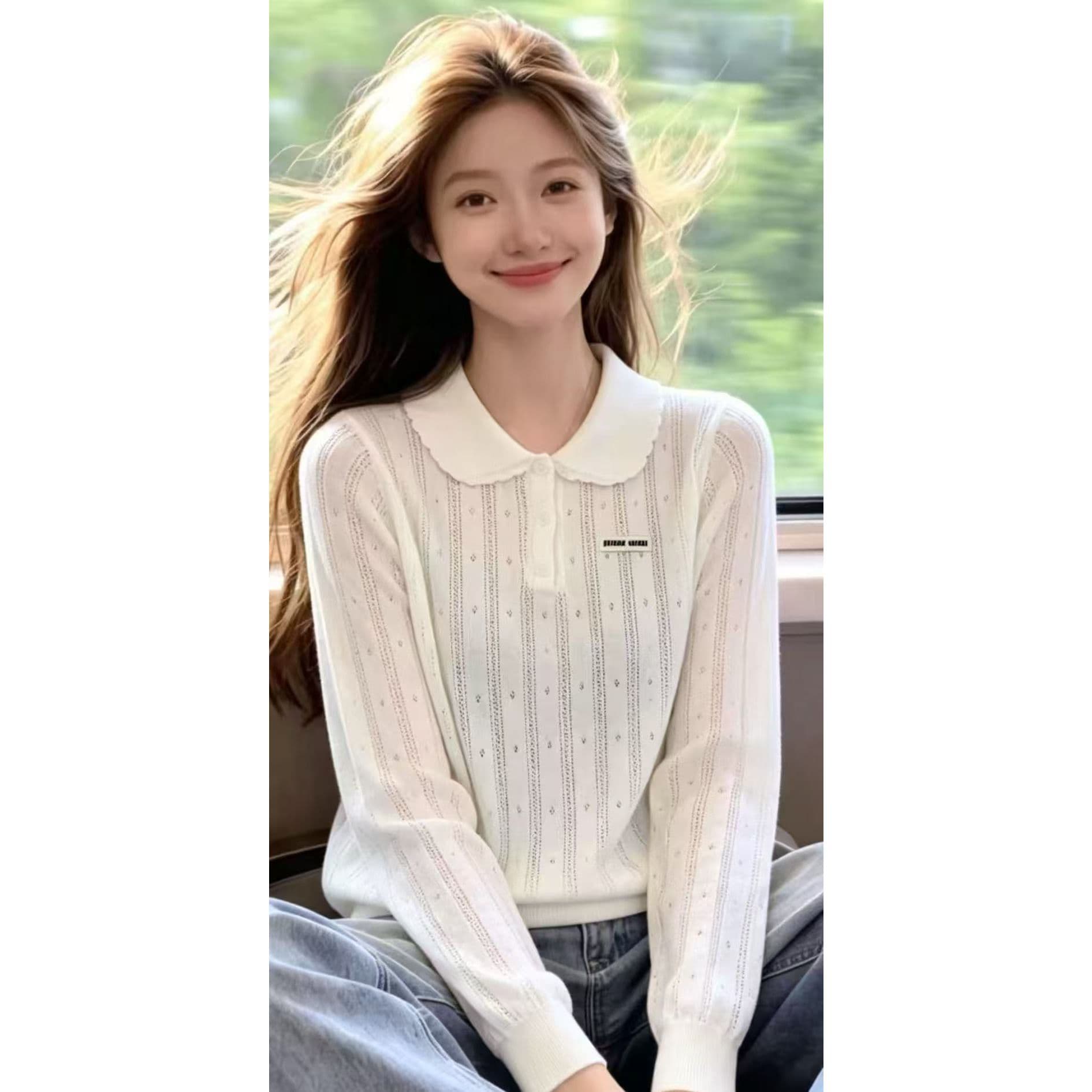 패치 알파벳 폴로 칼라 디자인 센스 작은 대중 긴팔 오픈 가디건 새로운 홀로우 아웃 외부 가져 가라. 털 빛 럭셔리 털 니트 스웨터 상세 이미지 4
