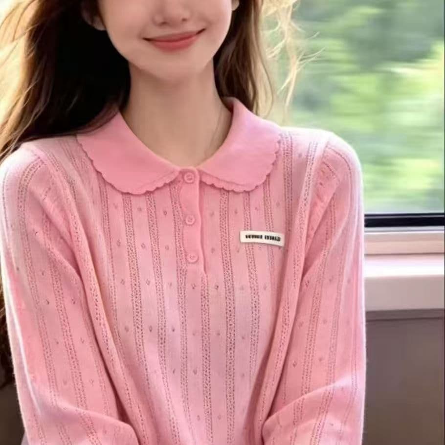 패치 알파벳 폴로 칼라 디자인 센스 작은 대중 긴팔 오픈 가디건 새로운 홀로우 아웃 외부 가져 가라. 털 빛 럭셔리 털 니트 스웨터 상세 이미지 8