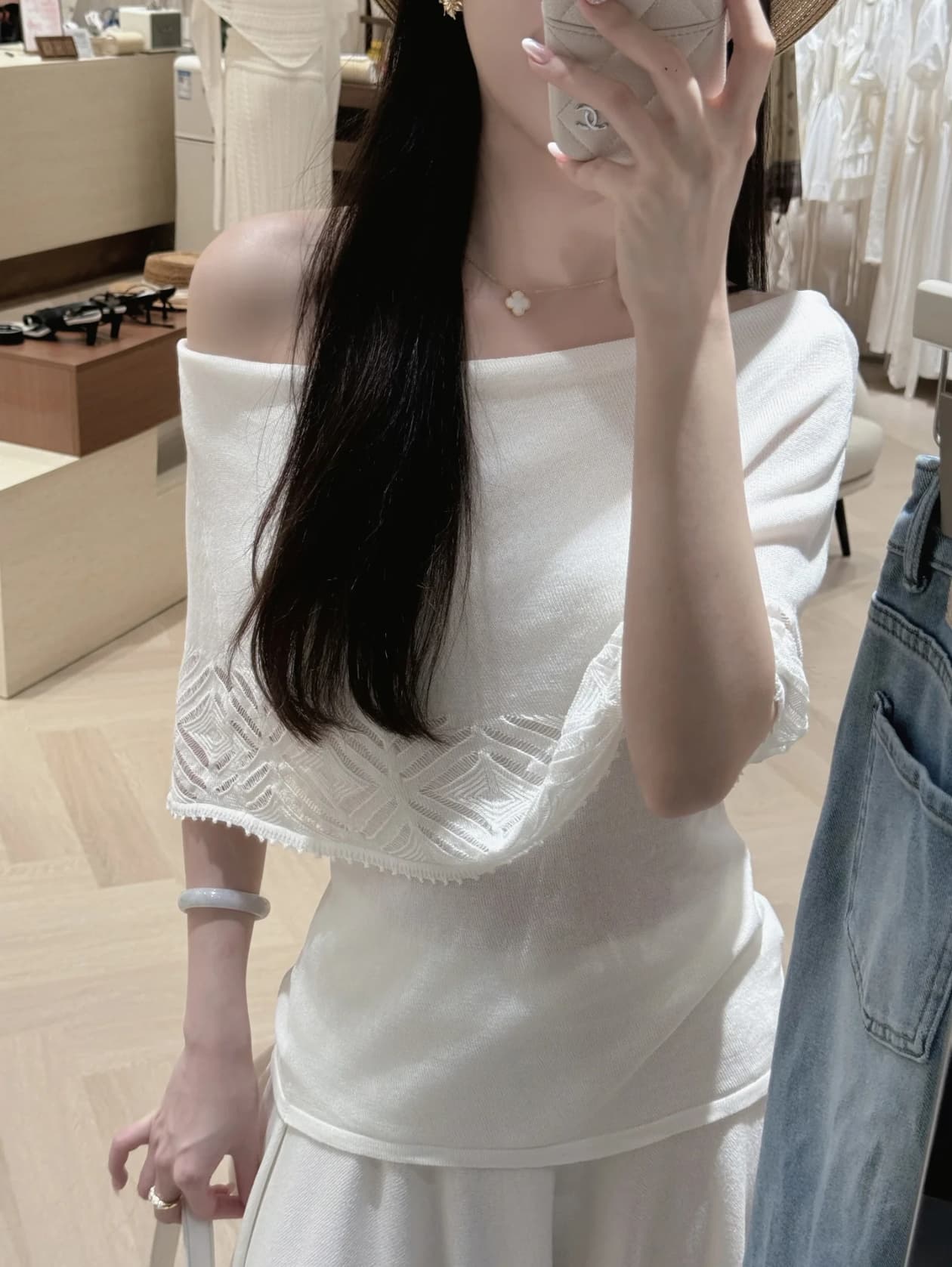 얼음 실크 마 재료 프랑스식 홀로우 아웃 자카드 오프숄더 맨위 코디 불규칙 반신 치마 세트 패션 슬림해 보이는 이미지 4