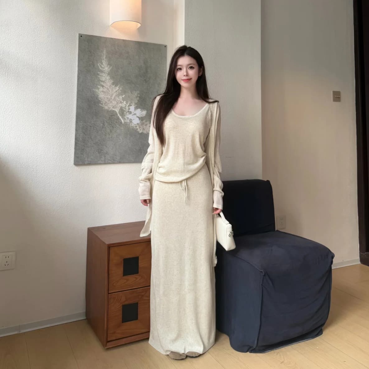 느긋한 바람 주간 실크 아마 니트 오픈 가디건 캐미솔 반신 스커트 패션 세 조각 세트 이미지 5