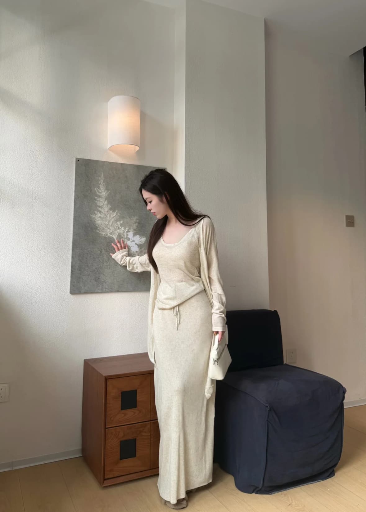 느긋한 바람 주간 실크 아마 니트 오픈 가디건 캐미솔 반신 스커트 패션 세 조각 세트 상세 이미지 2
