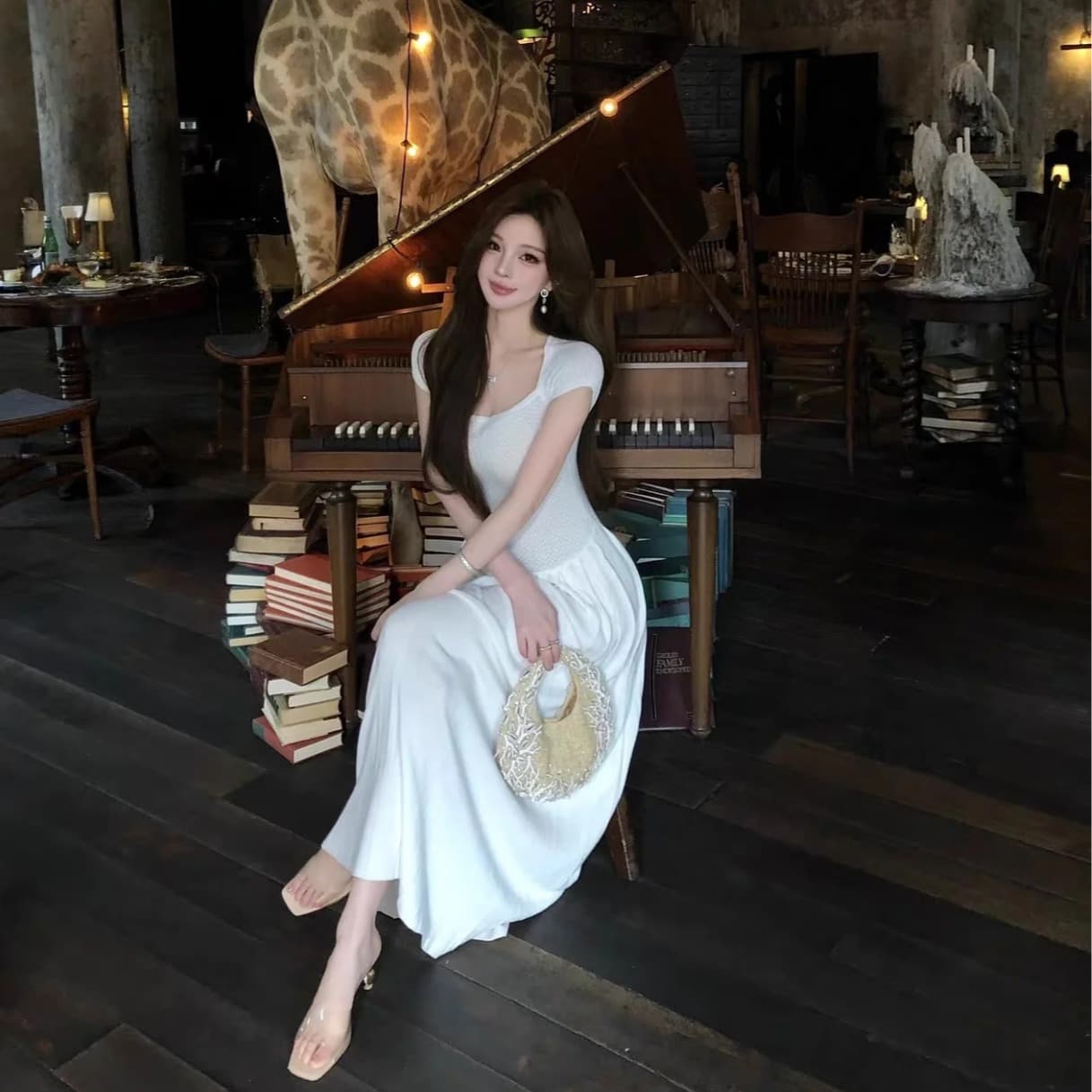 프랑스식 익스트림 제인 순수한 흰색 드레스 클래식 광장 칼라 롱 스커트 이미지 5