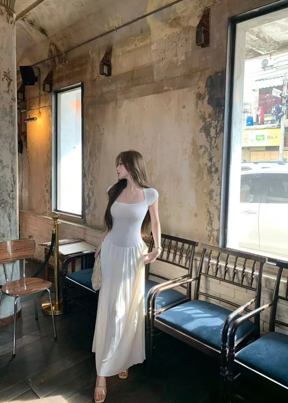 프랑스식 익스트림 제인 순수한 흰색 드레스 클래식 광장 칼라 롱 스커트 상세 이미지 5