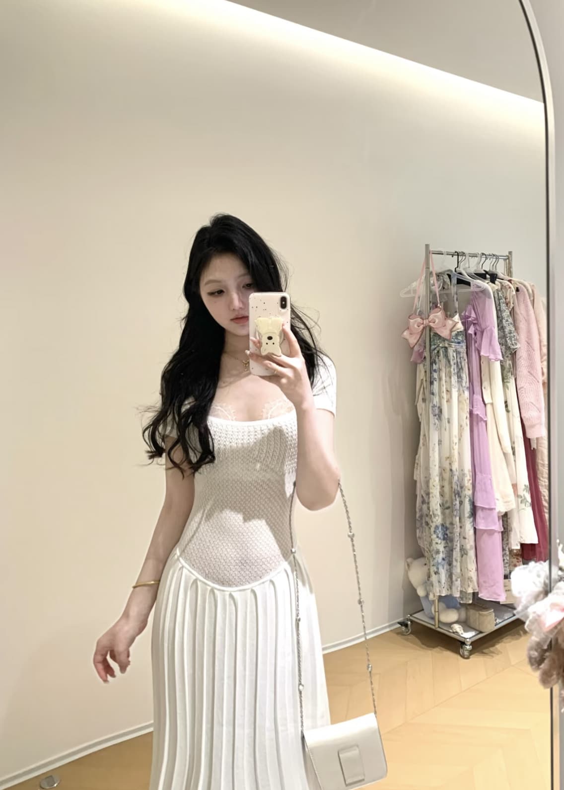 화이트 반팔 허리 수축 드레스 빛 럭셔리 우아함 예복 치마 디자인 센스 광장 칼라 니트 한 마디 롱 스커트 상세 이미지 4