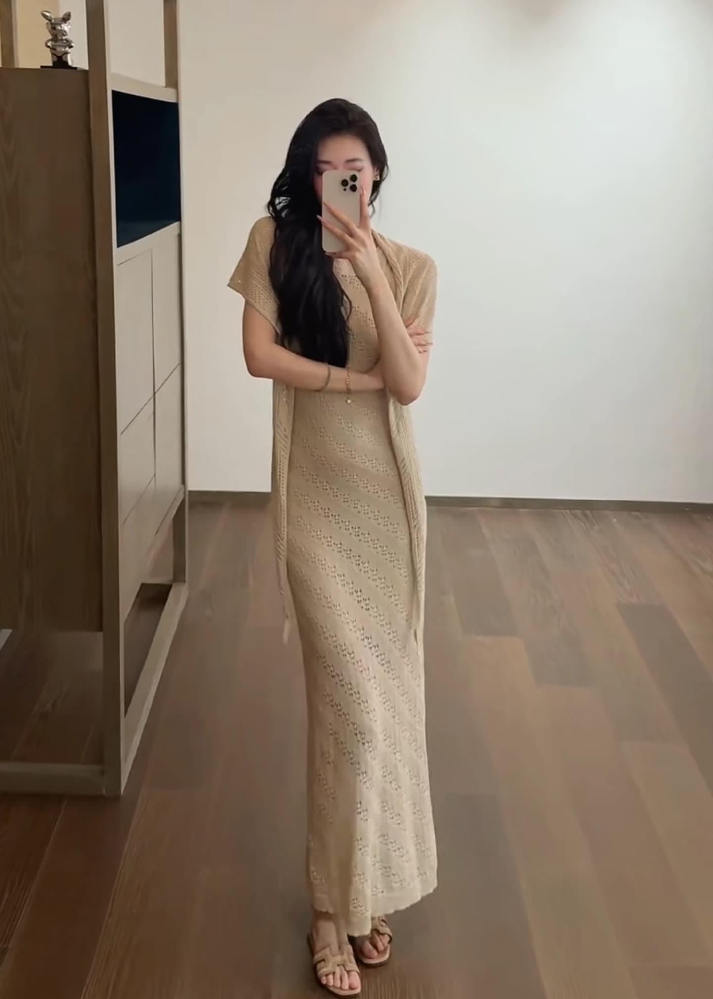 여름 라운드 넥 니트 민소매 홀로우 아웃 드레스 허리 수축 품격 휴가 느긋한 바람 여성 길다 치마 이미지 2