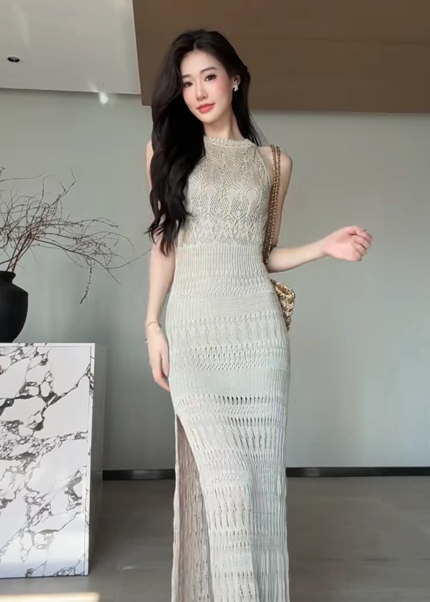 jijinqi 여름 라운드 넥 민소매 오프숄더 드레스 트임 홀로우 아웃 디자인 센스 캐주얼 품격 슬림해 보이는 롱 스커트 상세 이미지 3