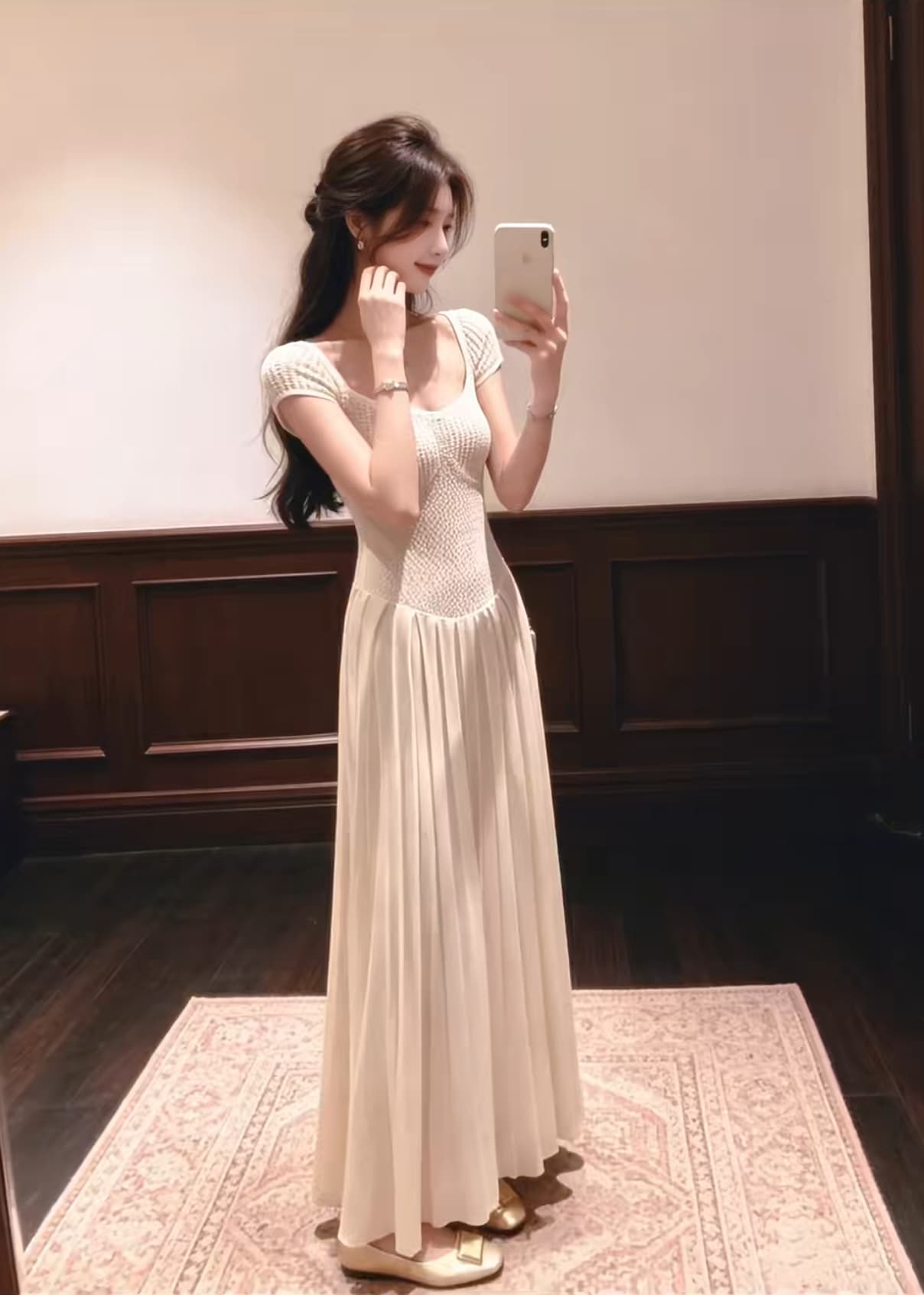 비즈 박기 접착제 나일론 니트 Pleat 턱 드레스 이미지 2