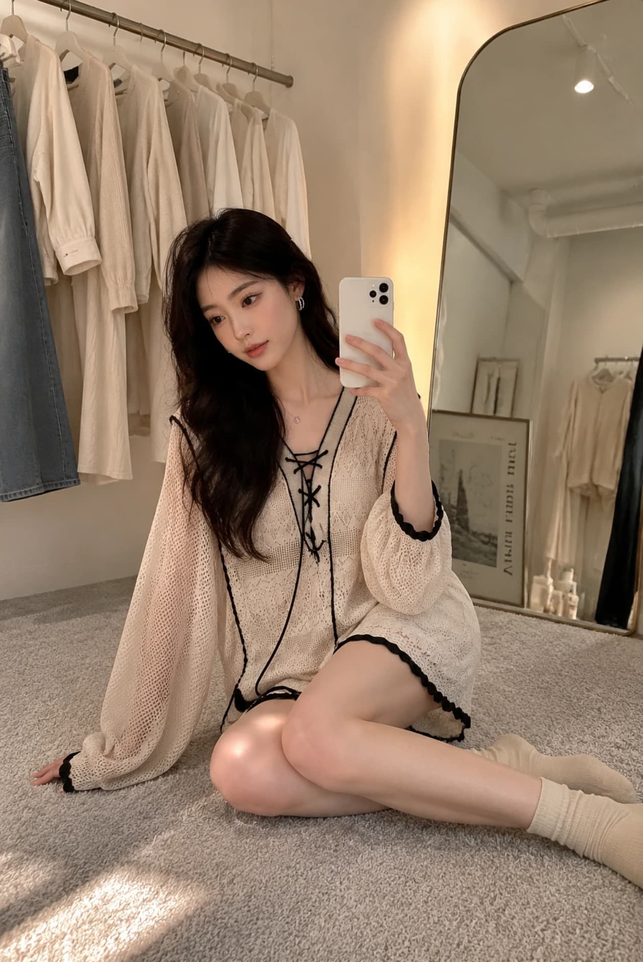 루즈핏 통기성 니트 블라우스 세트 표지 고기 슬림해 보이는 상세 이미지 5