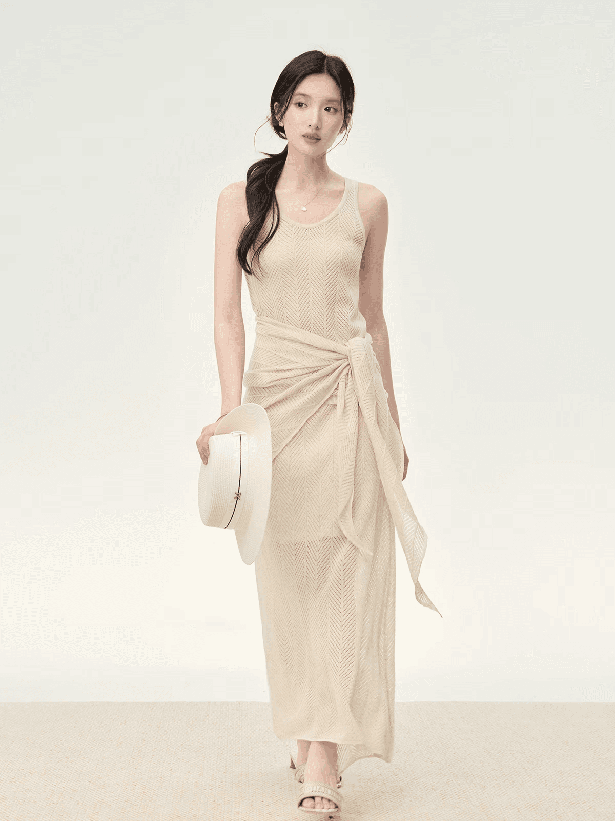touchin haute 바람 불어 오는 중 Pinellia 라이 경기 서울 아마 혼방 홀로우 아웃 니트 조끼 숄 반 스커트 세트 상세 이미지 2