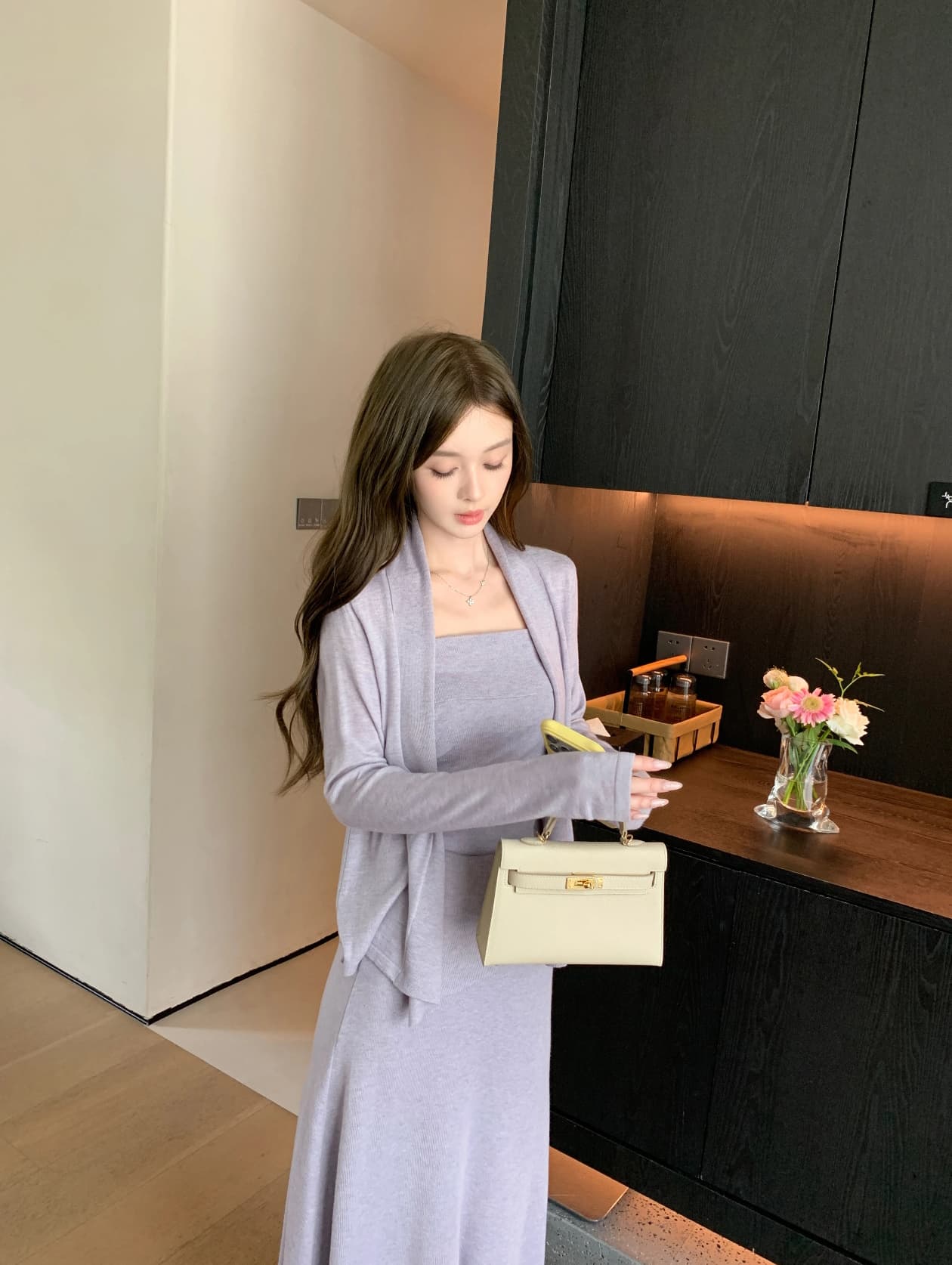 프랑스식 느긋한 느슨함 센스 착용 가져 가라. 부드러운 바람 보라색 오픈 가디건 캐미솔 반신 스커트 세 조각 세트 2026 가을 상세 이미지 8