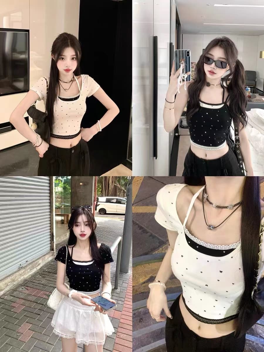 벨트 가슴 패드 페이크 레이어드 바람 가짜 나비 매듭 디자인 슬립 반팔 티셔츠 여름 레이스 쇼트 스타일 켜기 상세 이미지 8