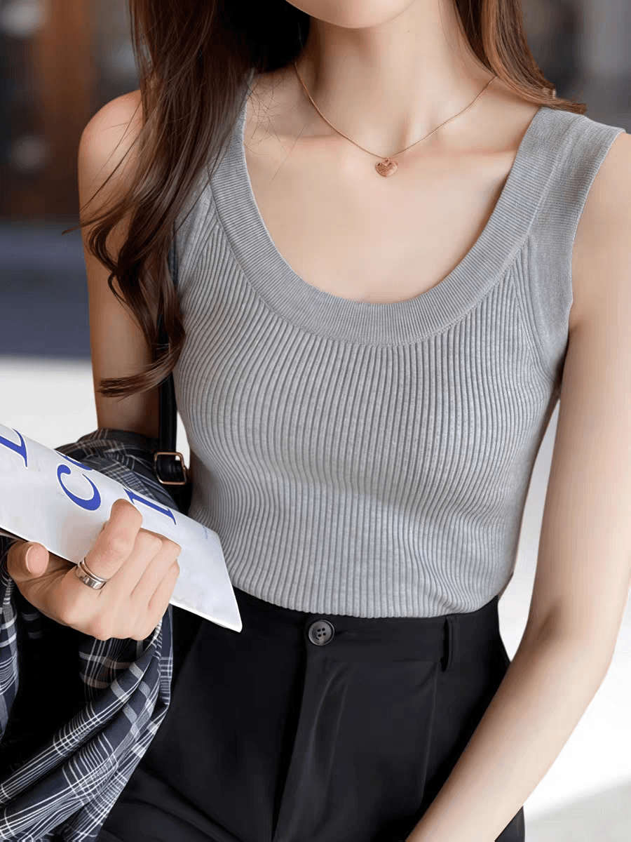있음 선적 봄 여름 한국 스타일 품격 u 칼라 I 자형 부드러운 찹쌀 몸매 가꾸기 슬림해 보이는 니트 조끼 맨위 이미지 4