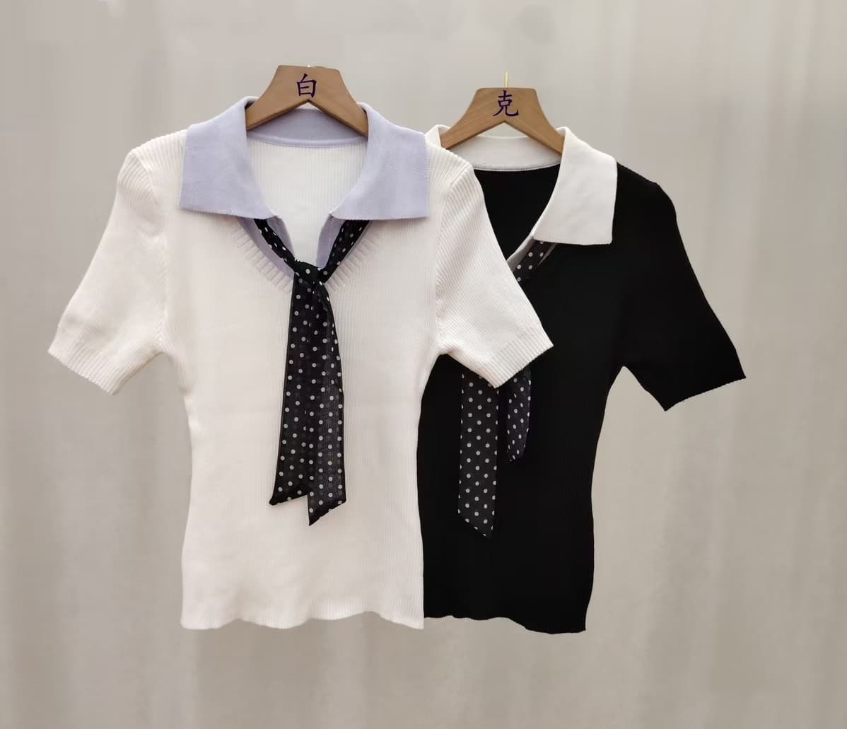 있음 선적 미니멀리즘 센스 오래된 돈 센스 POLO 칼라 니트 반팔 여성 의류 몸매 가꾸기 슬림해 보이는 레이스업 페이크 레이어드 맨위