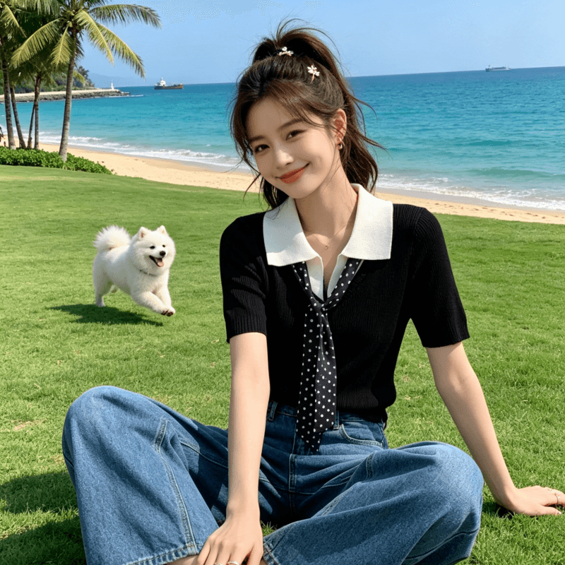 있음 선적 미니멀리즘 센스 오래된 돈 센스 POLO 칼라 니트 반팔 여성 의류 몸매 가꾸기 슬림해 보이는 레이스업 페이크 레이어드 맨위 이미지 5