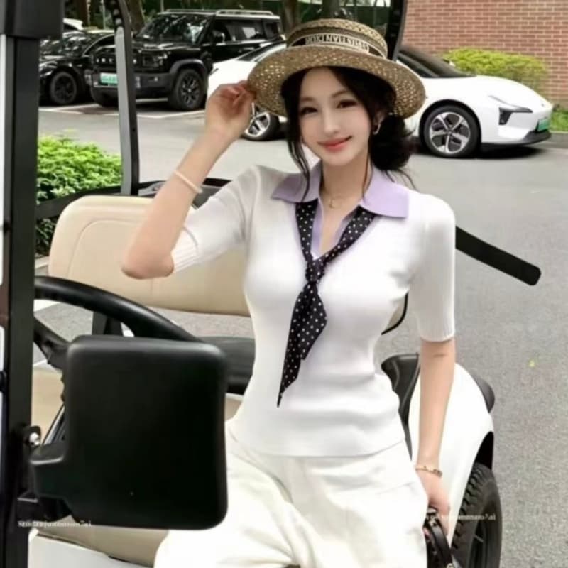 있음 선적 미니멀리즘 센스 오래된 돈 센스 POLO 칼라 니트 반팔 여성 의류 몸매 가꾸기 슬림해 보이는 레이스업 페이크 레이어드 맨위 상세 이미지 8