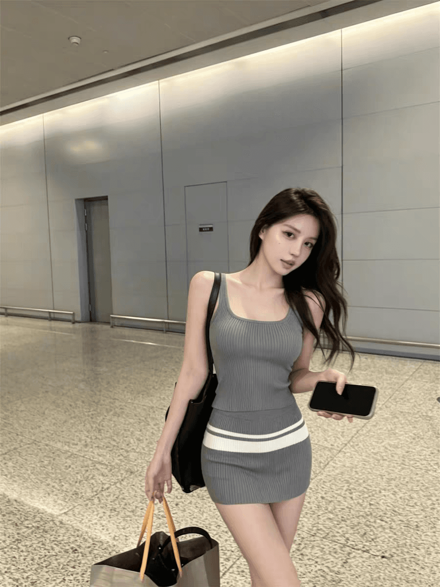 있음 선적 cher 챠오어 회색 조정 우수 학생 세트 여성 여름 순수한 욕망 달콤한 매운맛 니트 조끼 타이트 스커트 두 조각 상세 이미지 10
