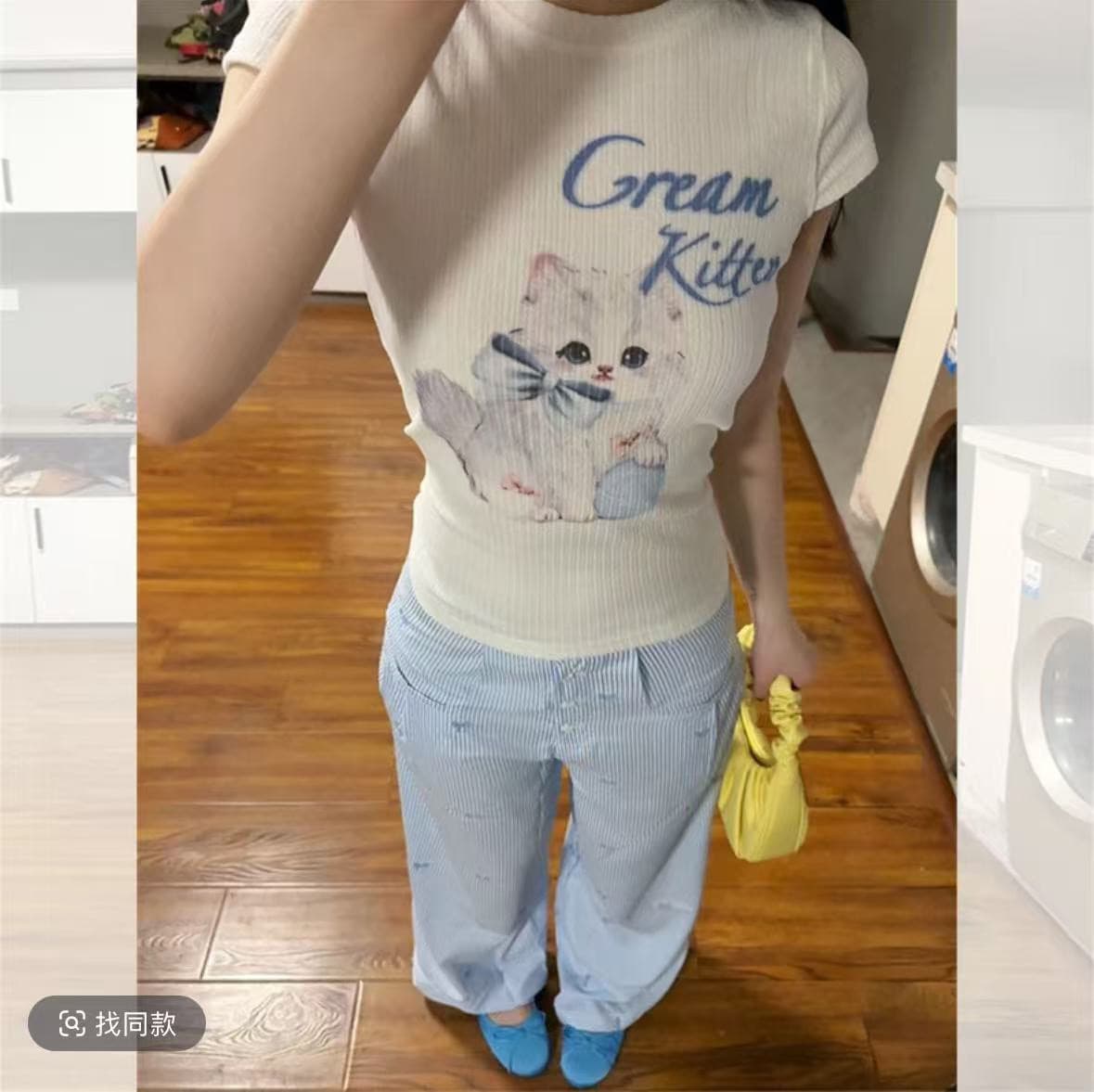 있음 선적 귀여운 연령 감소 고양이 프린트 패턴 긍정적 인 어깨 반팔 티셔츠 여름 새로운 아름다운 맨위 이미지 3