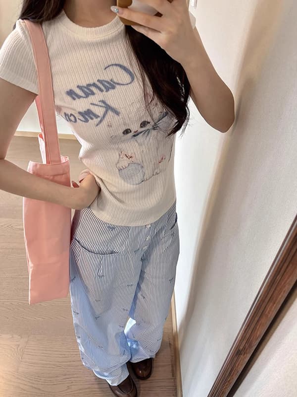 있음 선적 귀여운 연령 감소 고양이 프린트 패턴 긍정적 인 어깨 반팔 티셔츠 여름 새로운 아름다운 맨위 이미지 4