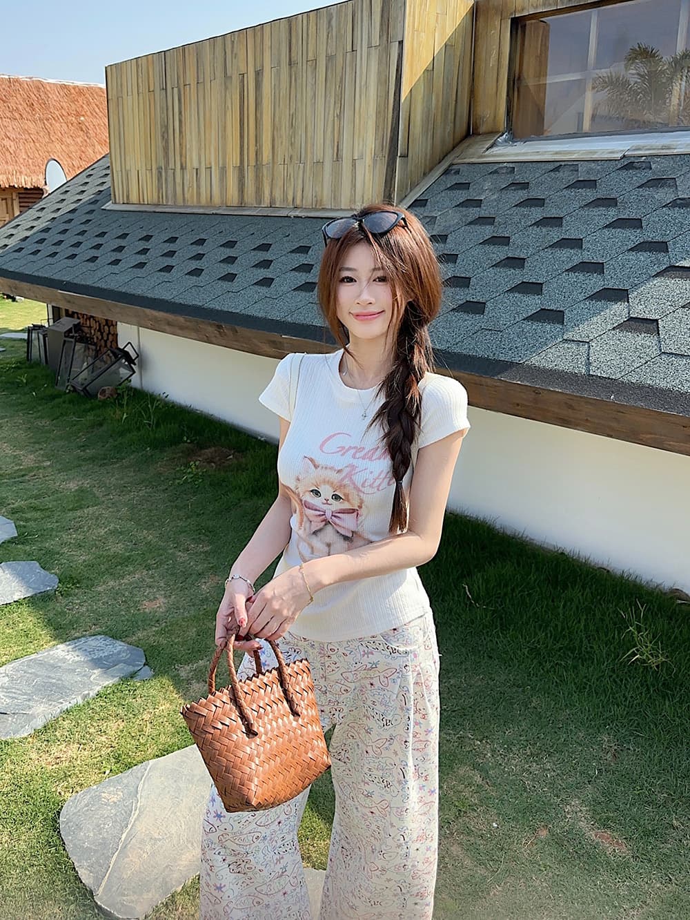 있음 선적 귀여운 연령 감소 고양이 프린트 패턴 긍정적 인 어깨 반팔 티셔츠 여름 새로운 아름다운 맨위 상세 이미지 2
