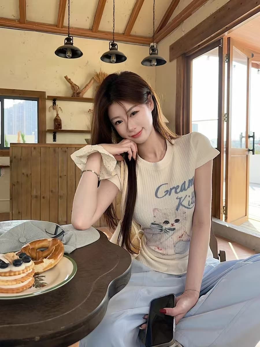 있음 선적 귀여운 연령 감소 고양이 프린트 패턴 긍정적 인 어깨 반팔 티셔츠 여름 새로운 아름다운 맨위 상세 이미지 3